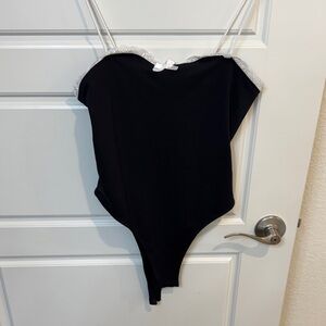 SHEIN Black Bodysuit with White Lace Trim